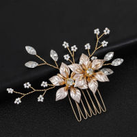 Gold Flower &amp; Leaf Hair Comb One Piece Rhinestone Hair Piece Accessories Banquet Wedding Gown Hair Clips