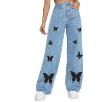 Hot sell 2023 New Y2K High Waist Butterfly Print Jeans For Women Fashion Loose Denim Straight Leg Pants Casual Female Trousers XS-L