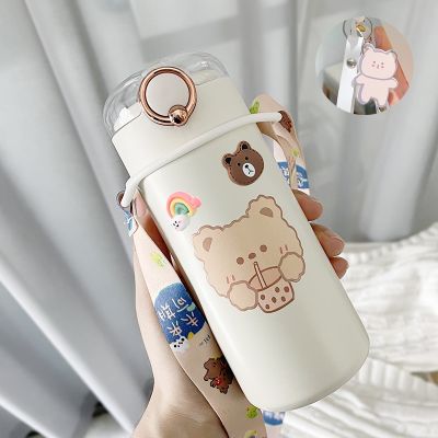 Stainless Steel Vacuum Flask Coffee Tea Milk Cute Bear Cartoon Travel straw Cup Water Bottle Insulated Thermos 350/480ml