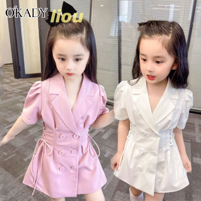 OKADY Girls short-sleeved dresses, girls new Korean version of pure white suit skirts, middle-aged childrens princess skirts