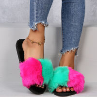 BLWBYL 2022 NEW Fur Slippers Women Real Fox Fur Slides Home Furry Flat Sandals Female Cute Fluffy House Shoes Woman Brand Luxury