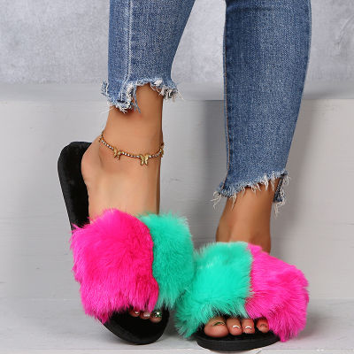 BLWBYL 2022 NEW Fur Slippers Women Real Fox Fur Slides Home Furry Flat Sandals Female Cute Fluffy House Shoes Woman Brand Luxury