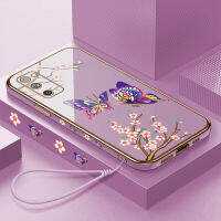 เคสมือถือปลอกสำหรับ Samsung Galaxy S20 FE พร้อมฟรีสายคล้อง + เคสขอบสี่เหลี่ยมรูปผีเสื้อลายการ์ตูนฝาหลังแบบนิ่ม