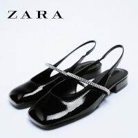 Zara รองเท้าแตะลําลอง เปิดส้น ปากตื้น ส้นแบน สีดําสว่าง แฟชั่นฤดูใบไม้ร่วง สําหรับสตรี