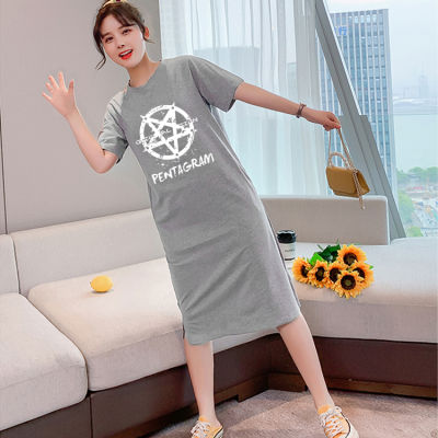 เดรสยาวเสื้อยืดแฟชั่นผู้หญิงสไตล์เกาหลี คอกลมแขนสั้น เนื้อผ้ายืดหยุ่นดี แนวหวานสดวัยรุ่นน่ารักQ49(จัดส่งโดยKerry)