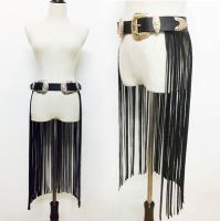 HOT★แฟชั่น Fringe เข็มขัดสีดำเข็มขัดออกแบบสำหรับสุภาพสตรีหนังสังเคราะห์ยาว Tassels คู่ Retro เข็มขัด