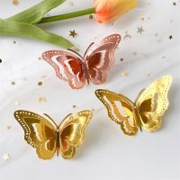 ℡☑ 2022 New 3D Hollow Layered Butterfly Wall Stickers Golden Decorative Butterflies for Home Decor Fridge DIY Party Wedding Sticker