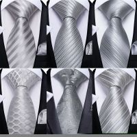 DiBanGu Mens Ties Silver Striped Silk Wedding Tie For Men Hanky Cufflinks Tie Set Fashion Designer Bussiness Party Dropshipping