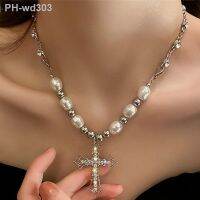 Y2K Luxury Pearl Cross Pendant Necklace Christian Punk Fashion Jewelry Birthday Christmas Gift for Lover for Girls for Friends