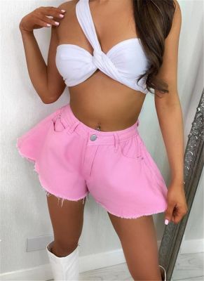 Fashion Summer Women Loose Style Shorts Solid Color Mid Waist Denim Cloth Flared Shorts Pink Grey White Casual Street Style S-XL