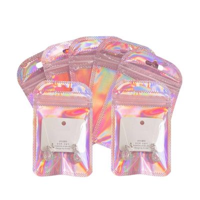 50pcs/1set Earrings Hair Accessories Bag Self sealing Glitter Pink Laser Bag Transparent Gift Bag Makeup Brush Packaging Bag