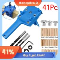 HONEYDEWD 41PCS พลาสติกทำจากพลาสติก ชุดจิ๊กเดือยไม้ เจาะเดือยไม้ เอบีเอสเอบีเอส เครื่องเจาะไม้ ระบบเจาะรู เครื่องมืองานช่างไม้ ชุดไกด์เจาะรูเลื่อย เจาะรูเจาะ