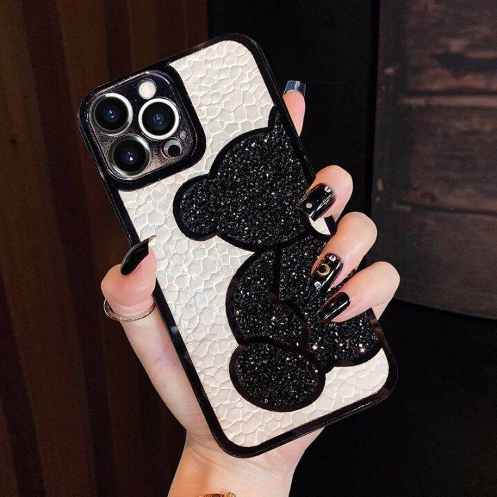 เคสโทรศัพท์แวววาวเพชรหมีแวววาว-สำหรับ-iphone-14-12-11-13-pro-max-x-xr-xs-7-8-plus-เคสหนัง-se3ชุบหรูหราฝาครอบหลังซิลิโคนนิ่ม