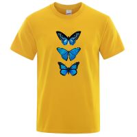 Blue Butterfly Illustration Design T Shirts Men Loose Tshirt Pattern T Shirt Breathable Mens Gildan