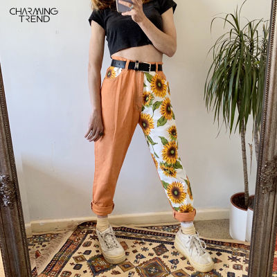 2021Jeans Woman Vintage High Waist Pants Fit Young Girls Cute Sunflower Stitching Pattern Autumn Winter Trousers Female Orange