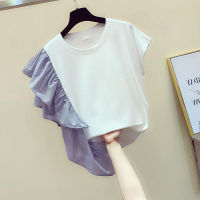 Women Clothing Womens T Shirt Round Neck Short Sleeve Stripe Ruffled Stitching Slim T Shirts Ladies Tee Summer Tops 2022 Tide