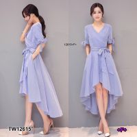 ส่งไว 1-2วันถึง 0012615 Dress เดรสลายริ้วหน้าสั้นหลังยาว + สายผูกเอว