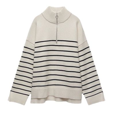 ZARAˉ 2022 European And American Cross-Border Foreign Trade Spring And Autumn New Style ZA Sweater Half Zipper Half Turtleneck Loose Striped Knitted Sweater