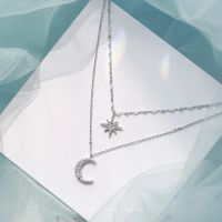 925 Sterling Silver Star Moon Pendant Necklace for Women Double Layer Elegant Clavicle Chain Jewelry Accessories