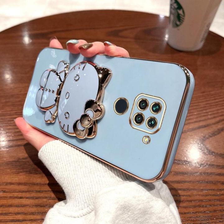 folding-makeup-mirror-phone-case-for-xiaomi-redmi-note-9-4g-case-fashion-cartoon-cute-cat-multifunctional-bracket-plating-tpu-soft-cover-casing