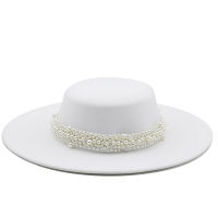 ภาษาฝรั่งเศสคำ Socialite สไตล์ Pearl Chain สีขาวแบน Fedora หมวกสำหรับผู้หญิงฤดูใบไม้ร่วงฤดูใบไม้ผลิ Big Brim Boater หมวกสำหรับงานแต่งงาน