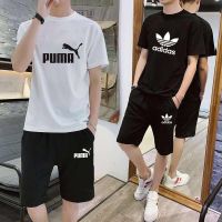 ชุดกีฬา Summer Thin Sports Short-Sleeved Shorts Suit for Male Students Trendy Loose Two-Piece Suit Mens Casual Ice Silk