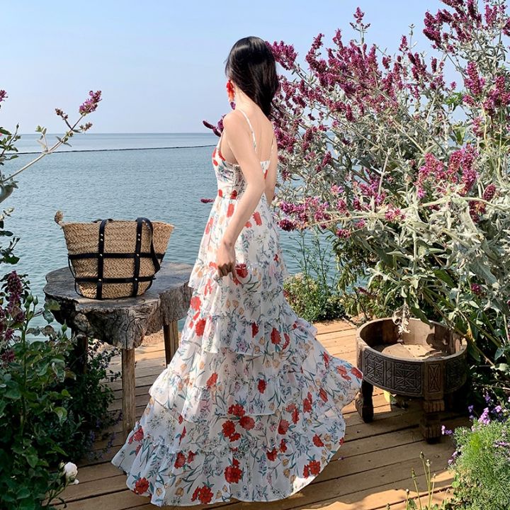 summer-vacation-pictures-new-texture-posed-french-cake-long-strap-broken-beautiful-dress-skirt