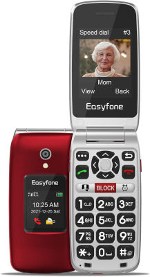 Easyfone Prime-A1 Pro 4G Big Button Flip Cell Phone for Seniors | Easy-to-Use | Clear Sound | SOS Button w/GPS | SIM Card &amp; Flexible Plans | Convenient Charging Dock (Red)