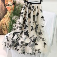 【CC】○₪♦  Embroidery Mesh Skirt Half for Spring/Summer 2022 New Mid Length Loose Fashion Pleats A-line