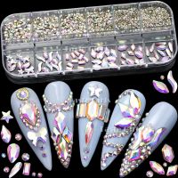 1070PCS 3D Mix Shapes SS4-SS16 White AB Moonlight Champagne Flatback Glitter Diamonds Jewel Nail Art Rhinestones Manicure Charms