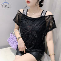 YIMEI เสื้อสตรีแต่งลูกไม้สำหรับผู้หญิงขนาดใหญ่เปิดไหล่เปิดไหล่เปิดไหล่ประดับเพชรเสื้อสองชิ้นสำหรับฤดูร้อน2023