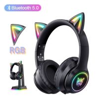 Onikuma B90 RGB ชุดหูฟังบลูทูธไร้สายหูแมวสำหรับเด็กผู้หญิงหูฟังตัดเสียงรบกวนครอบหูหูฟังโทรศัพท์ RGB ไฟ LED Dawmhq168