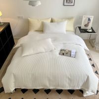 ♛△✒ 4 IN 1 Plain Bedsheet Set Single Queen King Size Stripe Pattern Geometric Style White Color Quilt Cover Soft Fabric Fitted Bed Sheet Pillow Case