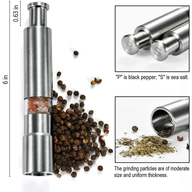 Salt And Pepper Grinder Set Of 2, Pepper Mill Stainless Steel Salt Shaker  Push-button Manual Glass