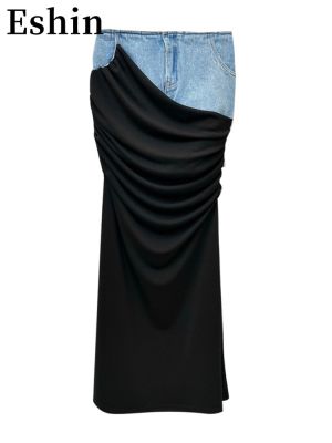 ROK High Waist ผ้าเดนิมผู้หญิงมีจีบสีดำแบบใหม่,ผ้าเดนิมปะติดสีตัดกันสำหรับกระโปรงยาวแฟชั่นใน Sp 2023 TH1096