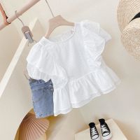 Irls Clothes White Clothes Puff Sleeve 2023 New Summer Fashion All- Match Doll Collar O-Neck Lace Princess Lovely and Sweet