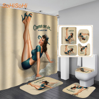 Vintage Pin Up Girl Poster Art R Pin Up Girl Print Waterproof Shower Curtain and Rug Sets Toilet Cover Bath Mat Bathroom Set