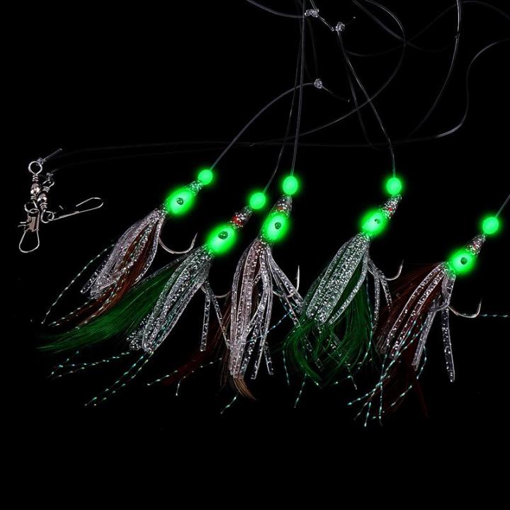5-in-1-luminous-sabikiนุ่มเหยื่อล่อปลาoctopus-shaped-featherสายเบ็ดตกปลาตะขอระหว่างdark-night