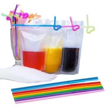 50pcs Disposable Drink Container Set Clear Drink Pouches Plastic Drinking  Bags with 50 Straws for Juice Beverage (Random Straw Color) 