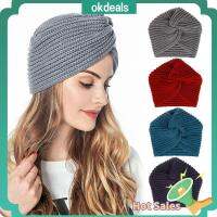 OKDEALS สีทึบ ข้าม สไตล์โบโฮ ผ้าคลุมศีรษะ โบว์ Bandanas หมวกผ้าโพกหัว ถักนิตติ้ง