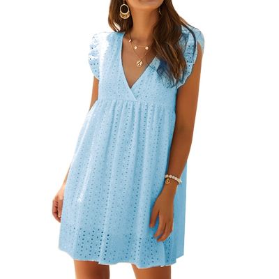 WomenS Sexy V-neck Butterfly Sleeve Hollow Lace Dress Casual Loose Summer Short Dress