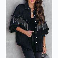 Black Denim Jacket For Women Casual Tassels Button-Up Streetwear Jean New In Outerwears Chic Winter Fringed Coat Tops