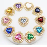 Brand New 10 Pieces 26x28mm Heart Shaped Faux Pearl Acrylic Rhinestone Buttons Handmade Metal DIY Wedding Decor Bow Hair Ornamen