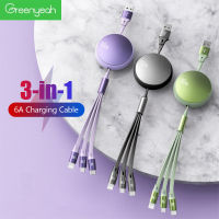 Greenyeah 6A 3 In 1สาย USB ชาร์จเร็ว100W Type C USB สายฟ้า Micro สายสำหรับ iPhone 14 13 Samsung Xiaomi Huawei สายไฟชนิด C