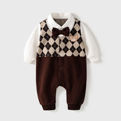 Esaberi baby boy clothing brown little bear bow tie jumpsuit infant clothing fw1