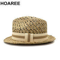 HOAREE Men Women Straw Sun Hat British Style Trilby Hat Summer Beach Hand Knitting Hollow Out Casual Unisex Porkpie Jazz Hat