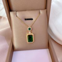 European and American Fashion Green Red Zircon Necklace for Women Geometric Square Pendant Wedding Party Anniversary GiftJewelry