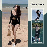 Honey Lovely ใหม่สยามอนุรักษ์นิยมเอวสูงปกท้องแขนยาวครีมกันแดดน้ำพุร้อนชุดว่ายน้ำวันหยุดหญิง HON1053