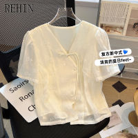 REHIN เสื้อ Atasan Sifon สั้นสไตล์จีนใหม่สำหรับผู้หญิงพร้อมการออกแบบที่ไม่เหมือนใครแขนพองและเสื้อฤดูร้อนปักลายโบว์จีนแบบดั้งเดิม