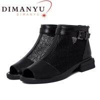 DIMANYU ฤดูร้อน Sals เปิดนิ้วเท้าผู้หญิงหนังแท้ตาข่ายสีดำไซส์ใหญ่35-43ส้นต่ำสำหรับผู้หญิง